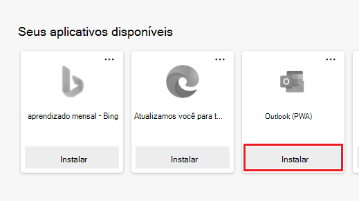 Aplicações disponíveis apresentadas na página Aplicações com o botão instalar realçado