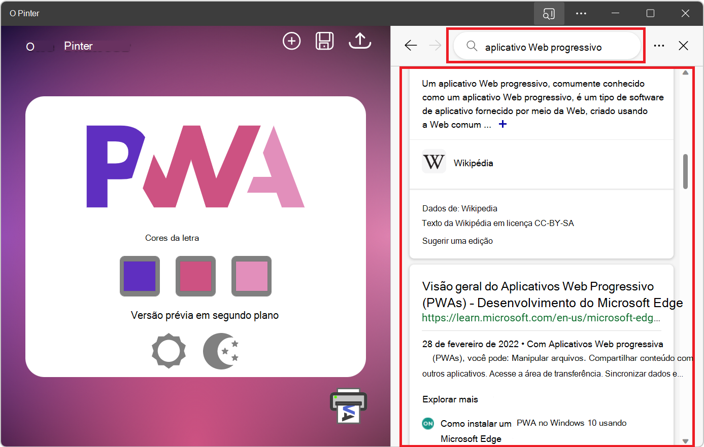 A pesquisa na barra lateral, aberta na parte lateral de um PWA, com alguns resultados da pesquisa apresentados