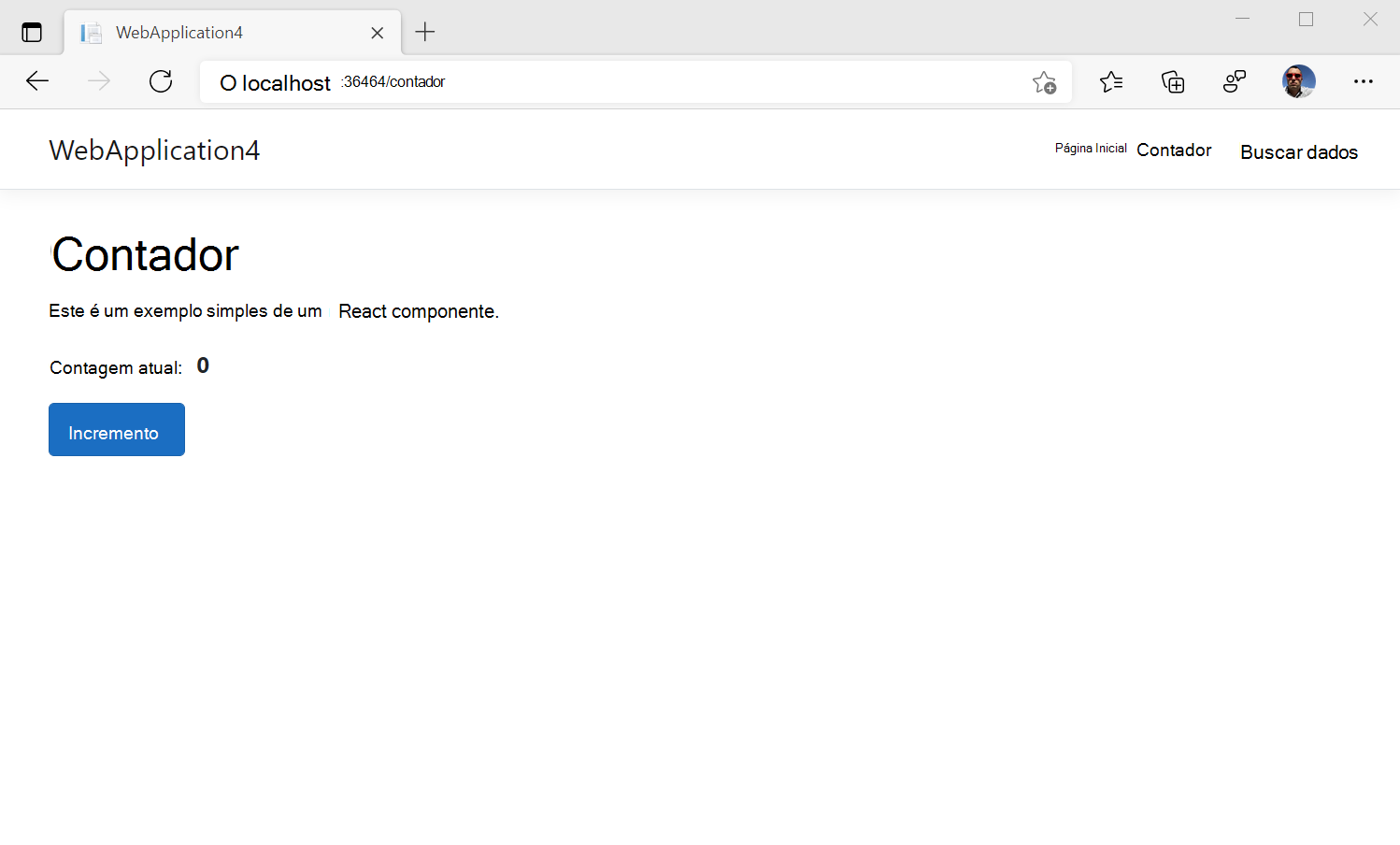 A página Contador na nossa aplicação Web ASP.NET Core