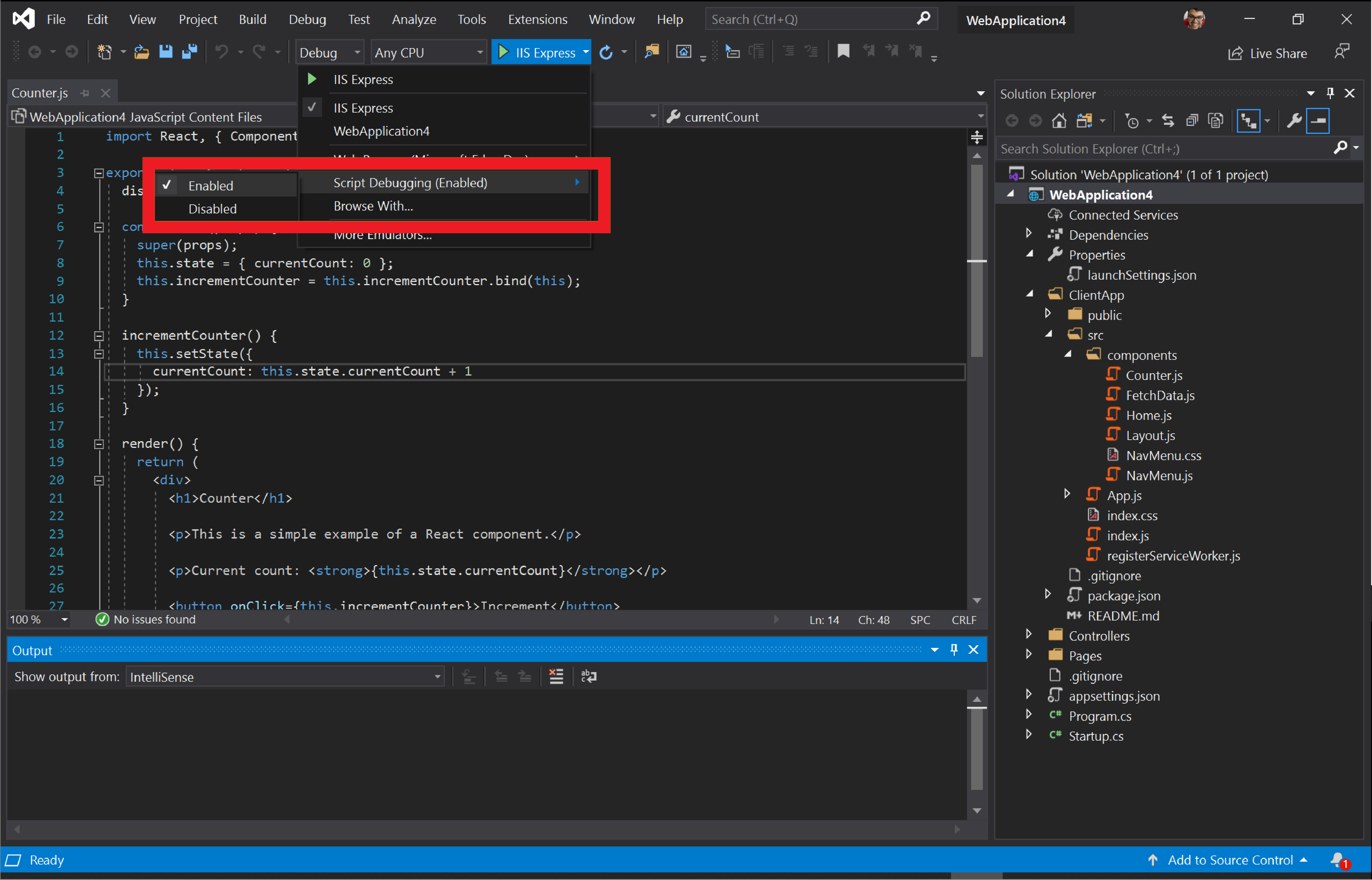 Ativar a depuração de scripts no Visual Studio