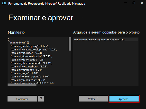 O painel Revisar e Aprovar na Ferramenta de Recursos do Realidade Misturada