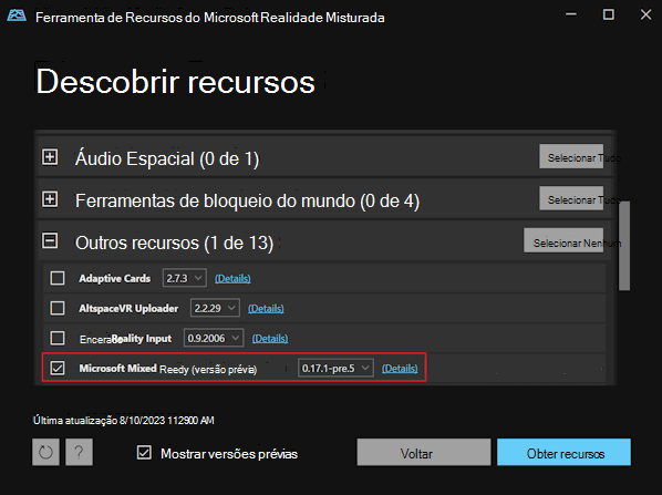 O painel Descobrir Recursos na Ferramenta de Recursos Realidade Misturada