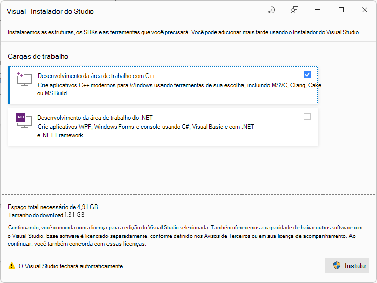 Visual Studio Installer a pedir para instalar a carga de trabalho 