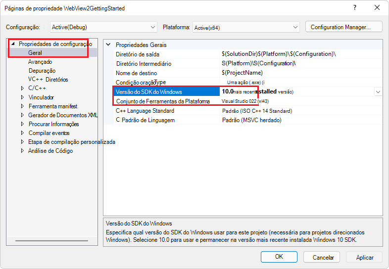 No Visual Studio 2022, SDK do Windows Versão já é 10 e o Conjunto de Ferramentas de Plataforma já é o Visual Studio