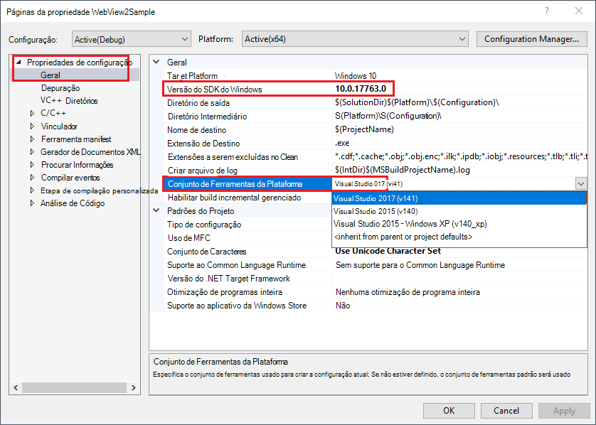 No Visual Studio 2017, defina SDK do Windows Versão como 10 e o Conjunto de Ferramentas de Plataforma para o Visual Studio