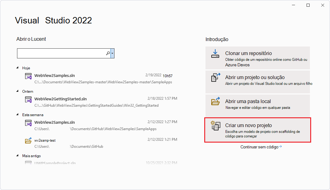 O painel de abertura do Visual Studio exibe o cartão Criar um novo projeto