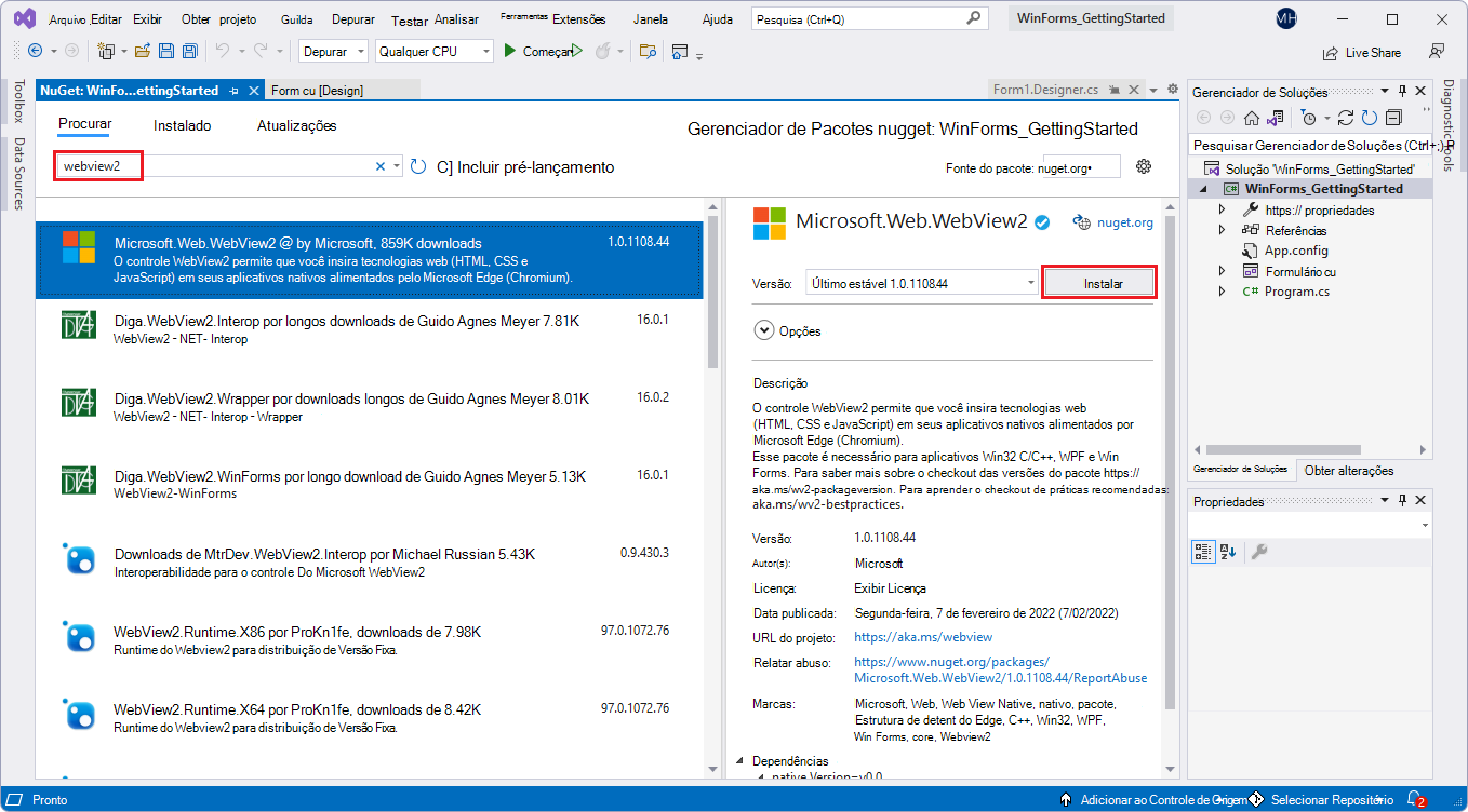 O Gerenciador de Pacotes NuGet no Visual Studio, instalando o pacote NuGet do SDK do Microsoft.Web.WebView2 para o projeto atual