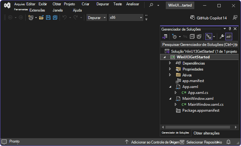 O novo projeto WinUI 3 no Gerenciador de Soluções
