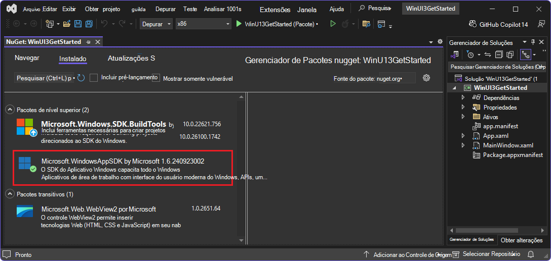 Pacotes esperados listados no separador Instalado do separador NuGet