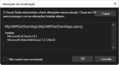 A caixa de diálogo 'Alterações de Visualização' para instalar o pacote Microsoft.UI.Xaml