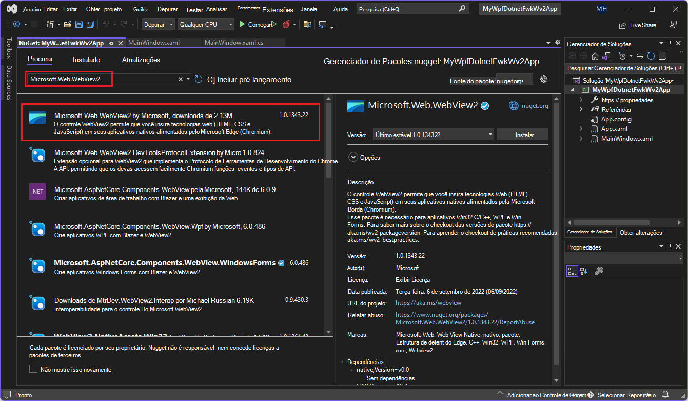 A caixa de diálogo Gestor de pacotes NuGet apresenta o pacote Microsoft.Web.WebView2