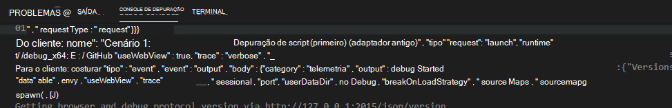 Saída de Depuração do Visual Studio Code com rastreio verboso ativado