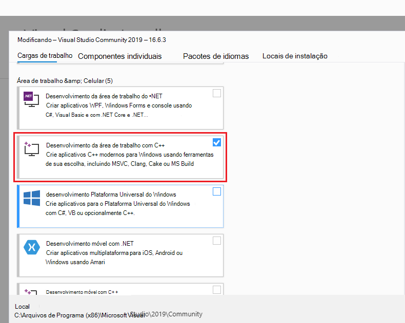 Ecrã Modificar Cargas de Trabalho do Visual Studio