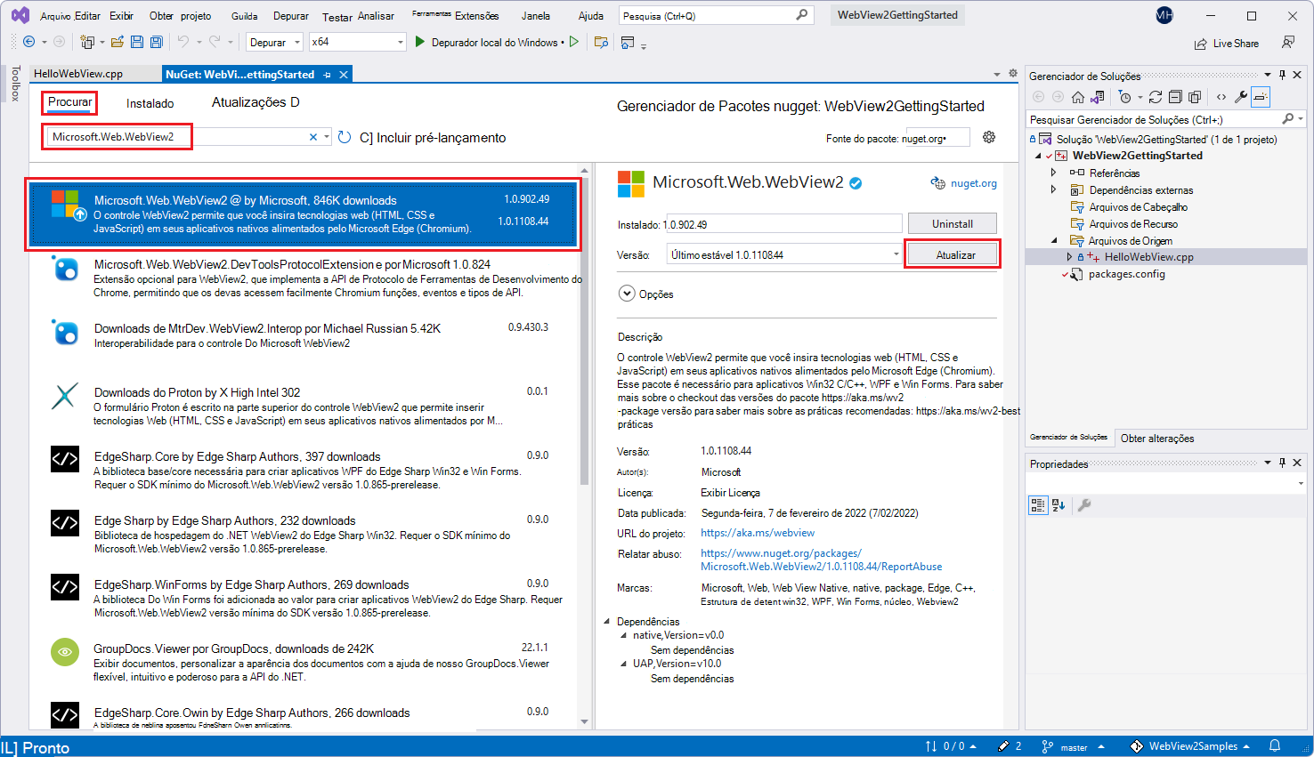 Selecionando o pacote 'Microsoft.Web.WebView2' no Gerenciador de Pacotes do NuGet no Visual Studio