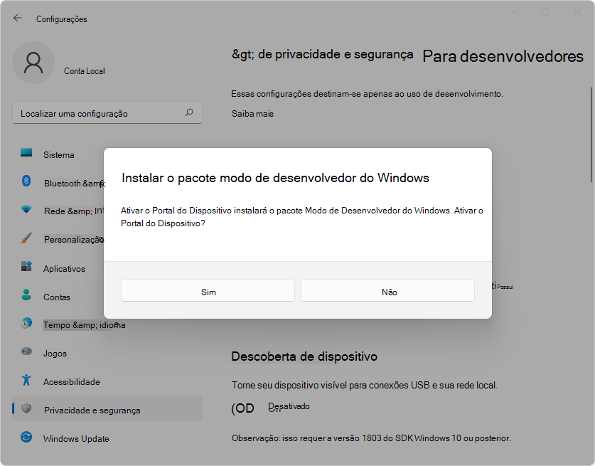 Instalar o pacote modo de desenvolvedor do Windows