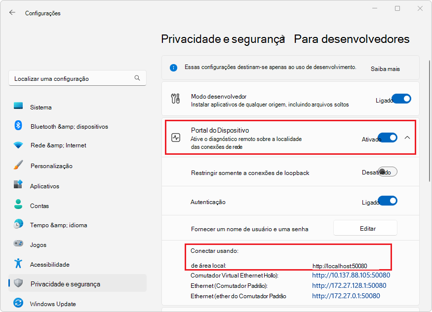 URL de depuração remota