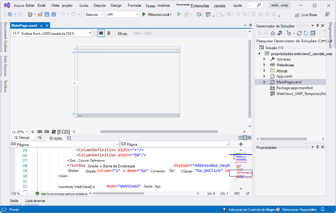 O exemplo de webview2_sample_uwp aberto no Visual Studio no Gerenciador de Soluções