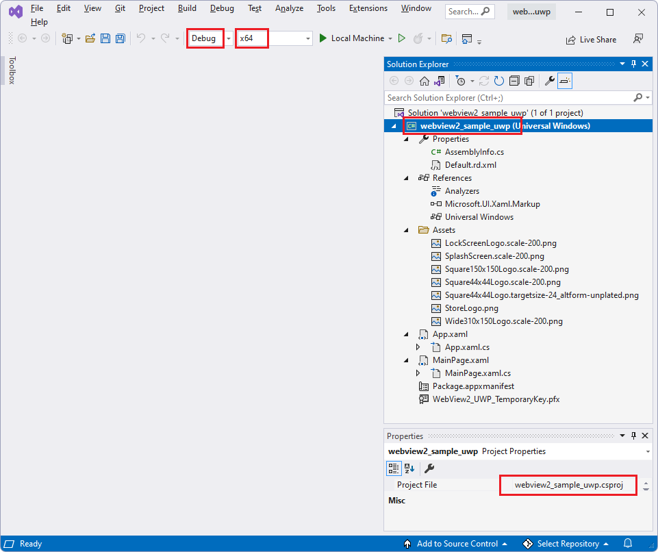 Definir o destino da criação na parte superior do Visual Studio