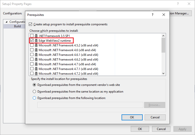 Instalador do Visual Studio de implantação do WebView2: selecione Pré-requisito