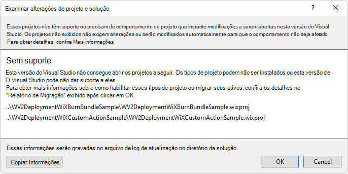 Mensagem de projetos wix não suportados