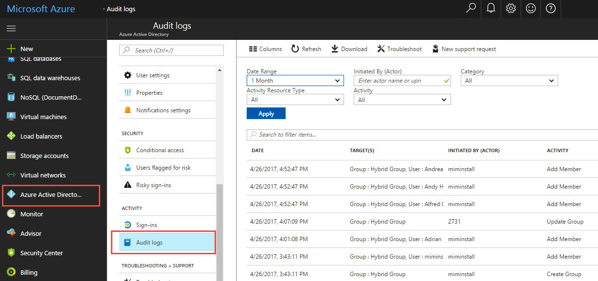 Relatórios híbridos do Azure – imagem da atividade de redefinição de senha