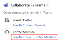 Captura de tela do cartão Colaborar no Teams no Copilot para Vendas para Outlook, com o canal da sala de negociação realçado.