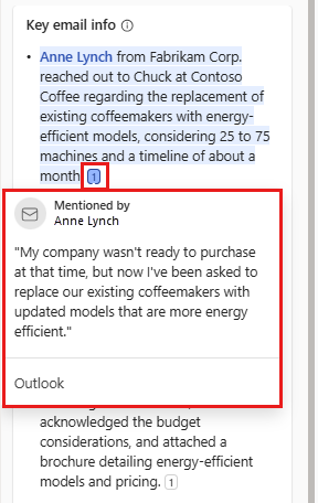 Captura de tela de uma citação no painel Copilot para Vendas no Outlook.