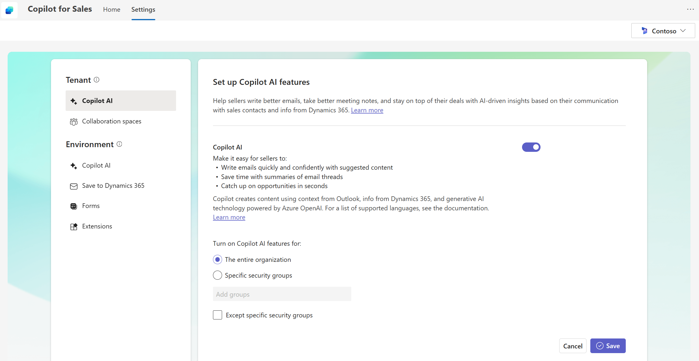 Captura de tela das configurações do Copilot para vendas de um locatário.