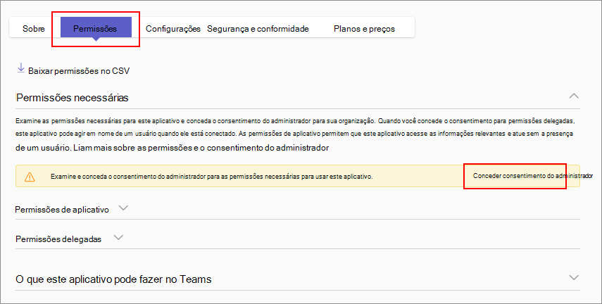 Captura de ecrã a mostrar a opção para conceder consentimento às permissões do Graph pedidas por uma aplicação.