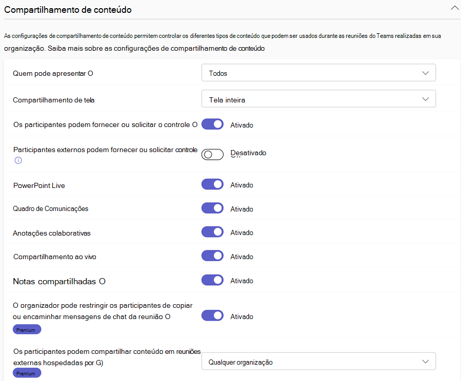 Captura de ecrã a mostrar as políticas de partilha de conteúdos da reunião do Teams no centro de administração do Teams.