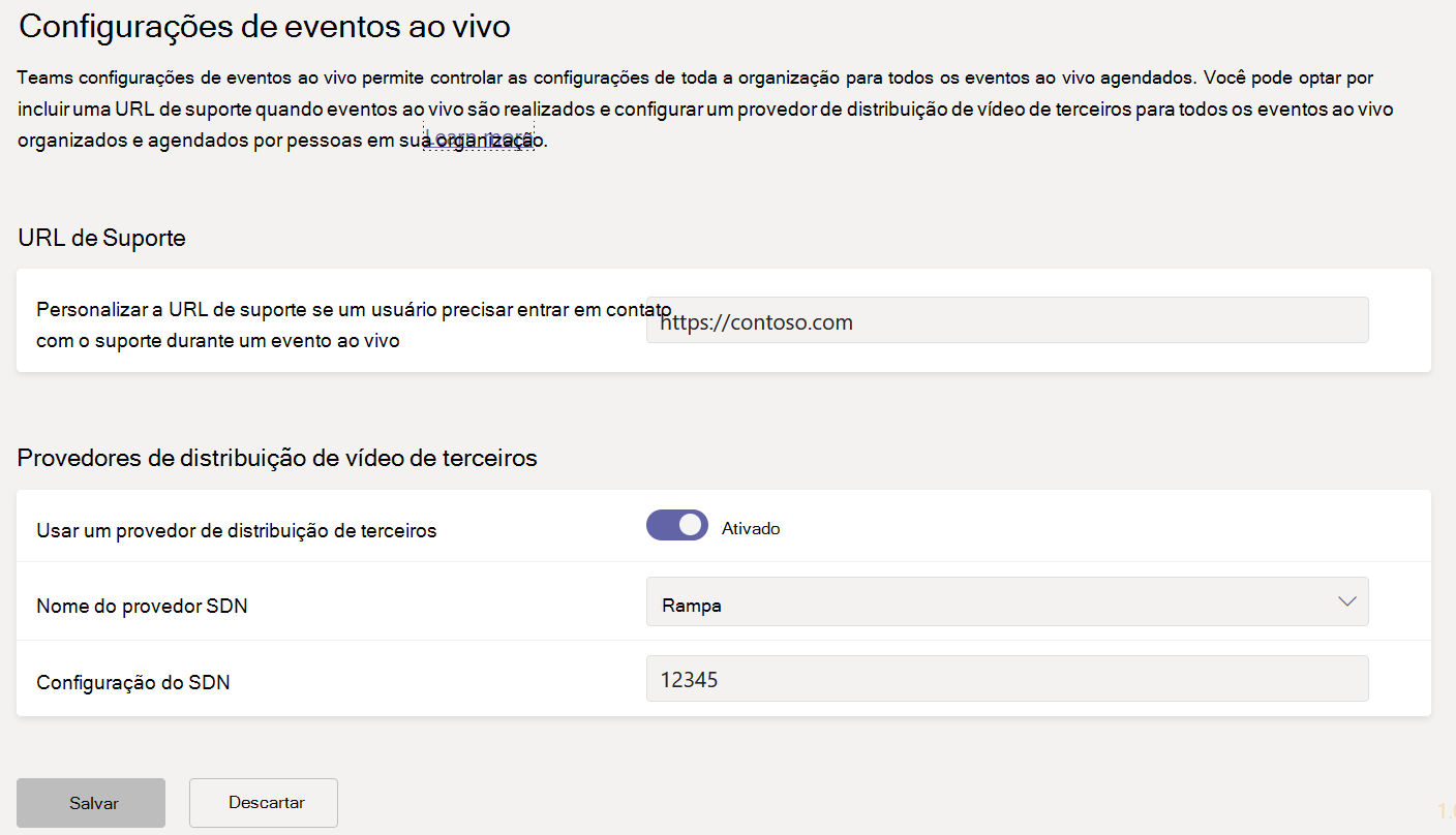 Captura de ecrã das definições de eventos em direto do Teams.