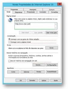 Caixa de diálogo Propriedades do Internet Explorer 10.