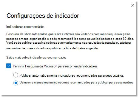 Captura de ecrã a mostrar as Definições recomendadas do marcador no portal de administração do Microsoft 365.