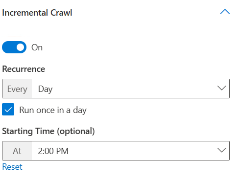 Captura de ecrã que mostra a execução da pesquisa incremental diariamente às 14:00