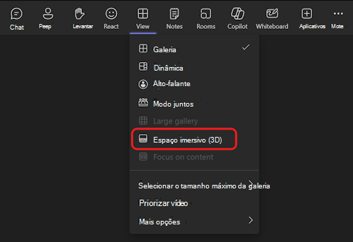 Captura de ecrã do seletor de vista de espaços envolventes no menu Vista do Teams.