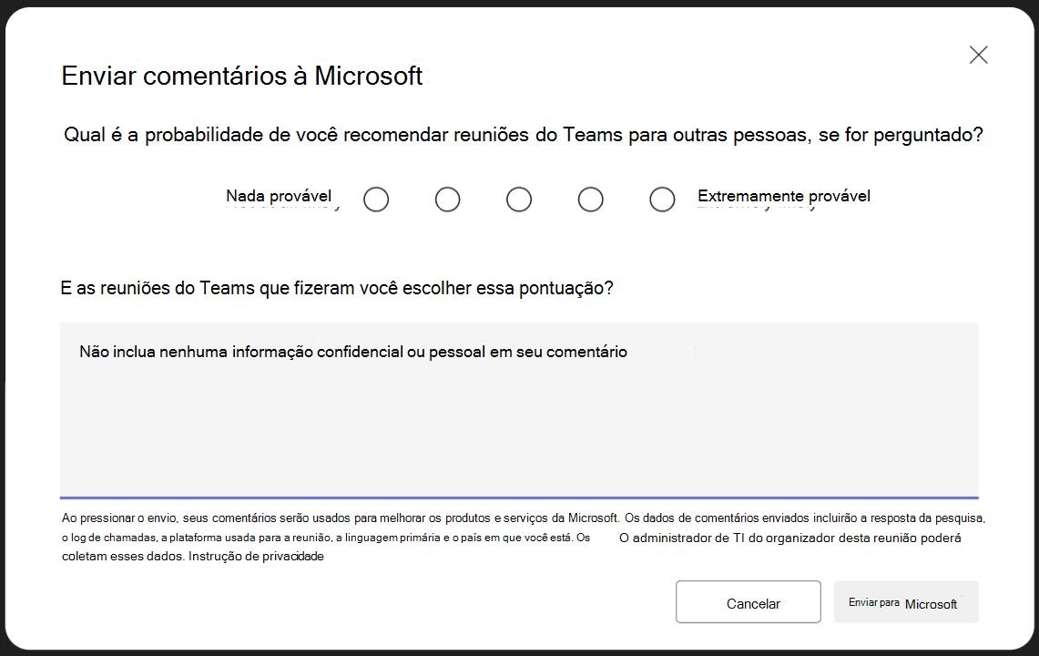 Captura de ecrã de um inquérito que os participantes anónimos da reunião recebem para fornecer feedback sobre a experiência de reunião do Teams.