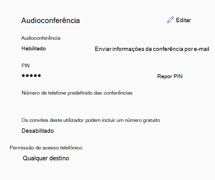 Captura de ecrã das definições de Conferências de Áudio para um utilizador no Centro de Administração do Microsoft Teams.