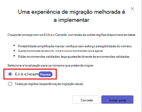 Captura de ecrã a mostrar o assistente de porta de números do centro de administração do Teams para OS E.U.A. e Canadá.