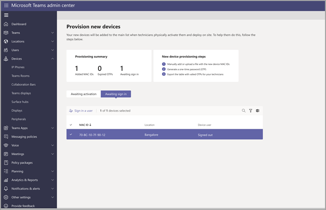 A janela com uma lista de dispositivos prontos para iniciar sessão.