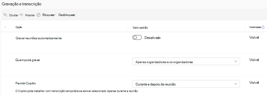 Captura de ecrã a mostrar as políticas de gravação do Teams para modelos de reunião no centro de administração do Teams.