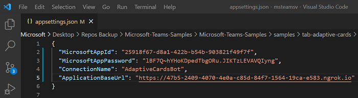 Captura de ecrã a mostrar o Visual Studio a mostrar appsettings.json ficheiro.