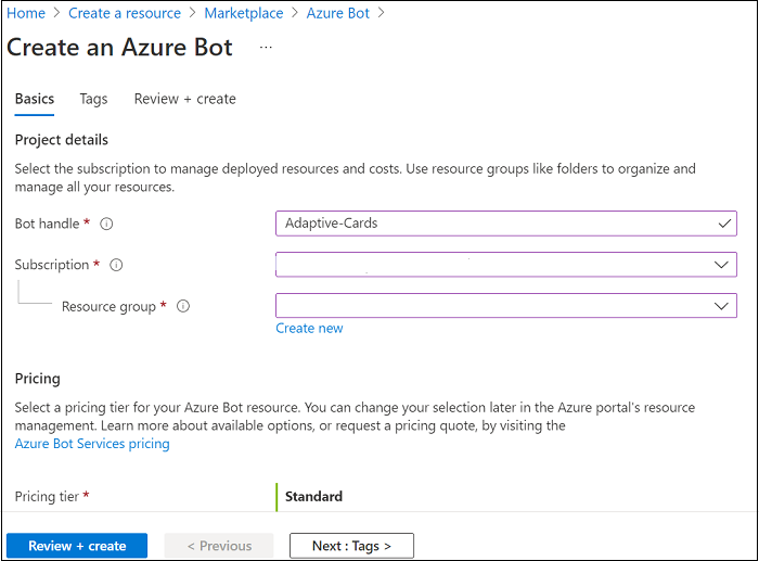 Captura de ecrã a mostrar como criar um bot do Azure.