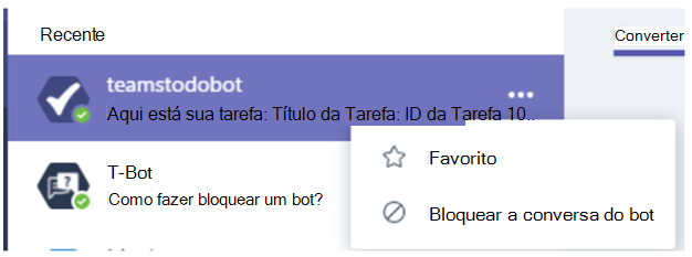 A captura de tela mostra a opção de conversa do bot de bloco no chat pessoal.