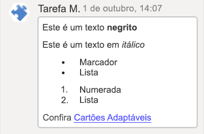 Captura de ecrã a mostrar um exemplo de formatação Adaptive Card Markdown na plataforma Teams para iOS.