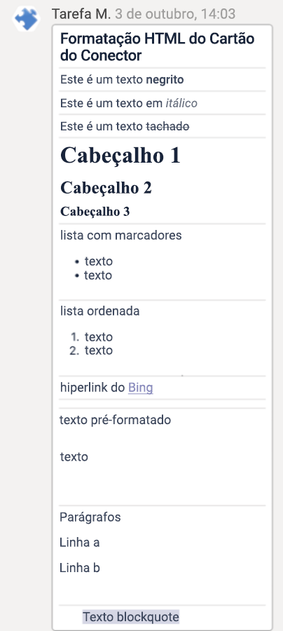 Captura de ecrã a mostrar a formatação de Markdown para cartões de conector no cliente do Teams iOS.