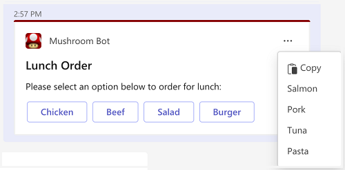 Captura de ecrã a mostrar um exemplo de um Cartão Ajustável com os botões definidos como secundários como opções num menu de capacidade excedida no cliente de ambiente de trabalho do Teams.