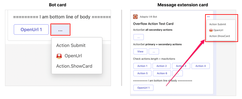 Captura de ecrã a mostrar um exemplo do comportamento do menu de capacidade excedida num bot enviado card e uma extensão de mensagens card.