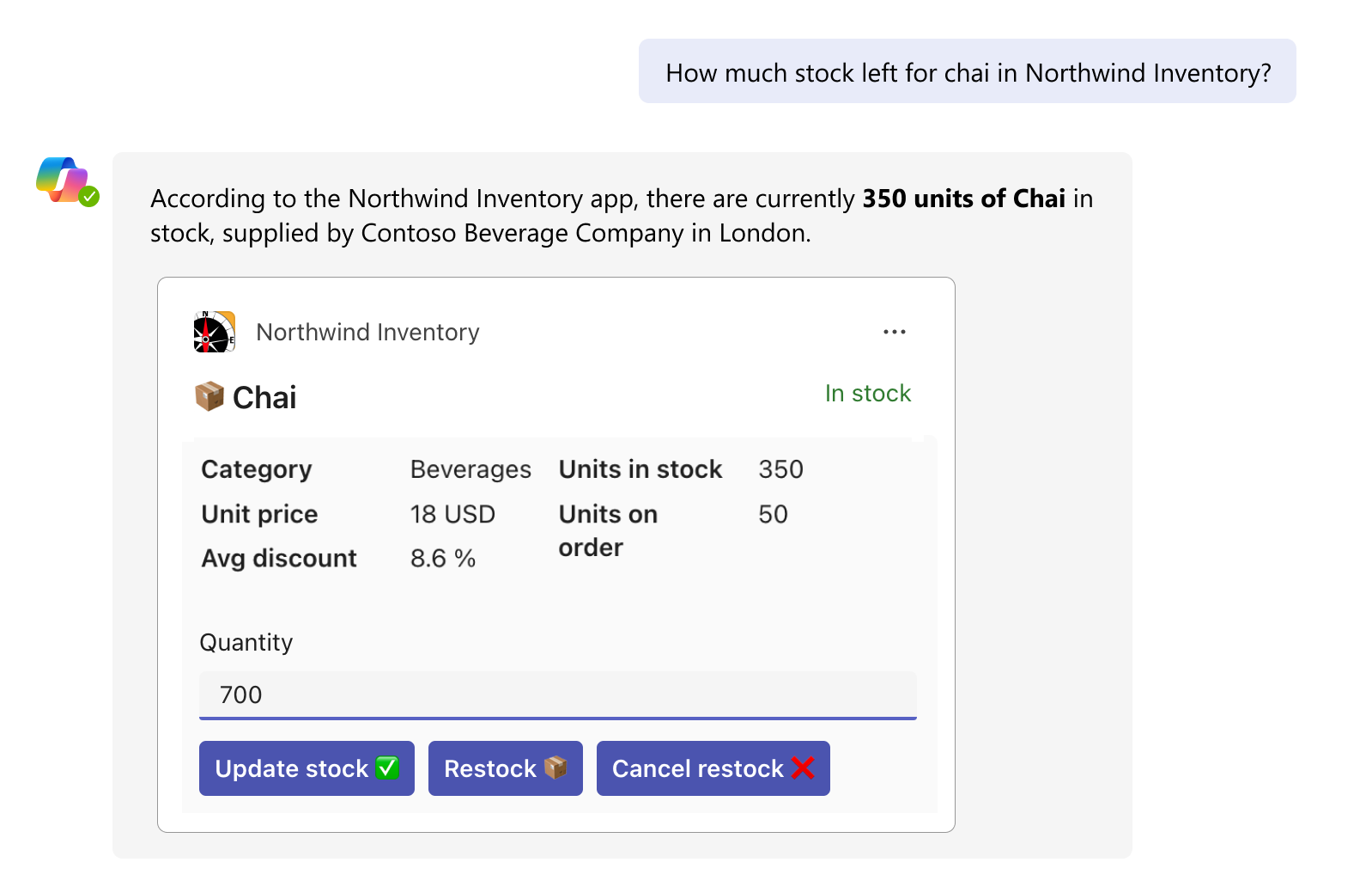 O gráfico mostra um exemplo dos botões de ação Atualizar Stock, reabastecer e Cancelar restock numa resposta de Cartão Ajustável no Microsoft 365 Copilot.