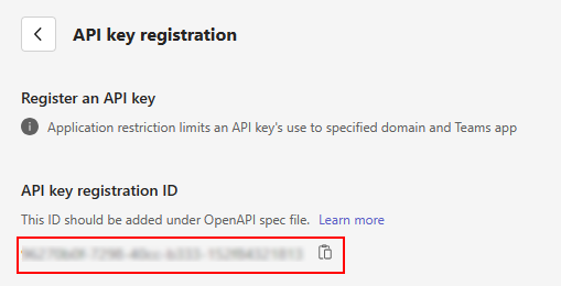 Captura de ecrã a mostrar o ID de registo da chave de API gerado no Portal do Programador para Teams.
