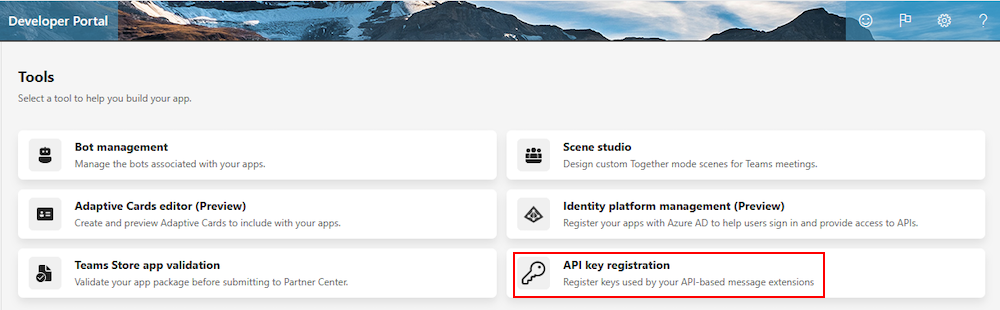 Captura de ecrã a mostrar a opção de registo da chave de API no Portal do Programador do Teams.